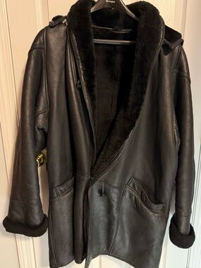 Men's Black Shearling-Trim Leather Puffer Coat